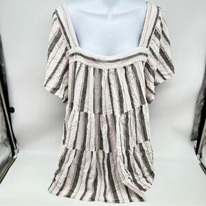 Terra & Sky Striped Tiered Linen BlendTunic in White/Gray/Pink/Cream-Size 2X